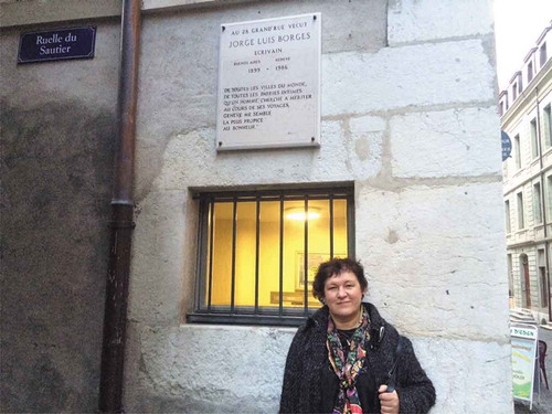 Figure 1. Giedra Radvilavičiūtė near Jorge L. Borge’s memorial board in Geneva. From the personal archive of the writer presented to the author of the article