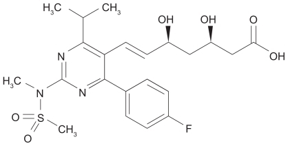 Figure 3 The structure of rosuvastatin, uniquely containing sulfur, a fluorophenyl group, and a modified hydroxyglutaric acid moiety. The IUPAC name of rosuvastatin is (E,3R,5R)-7-[4-(4-fluorophenyl)-2-[methyl(methylsulfonyl)amino]-6-propan- 2-ylpyrimidin-5-yl]-3,5-dihydroxyhept-6-enoic acid.