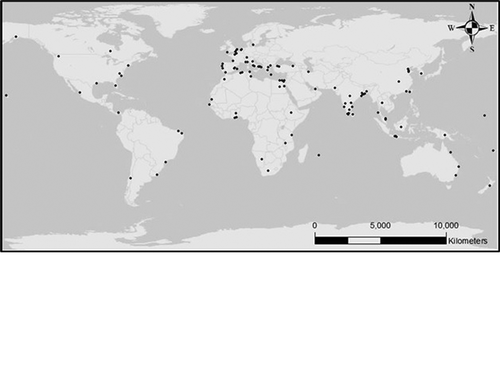 Figure 1. Allocation of diverse studies areas regarding the application of remote sensing technology in shoreline evolution mapping