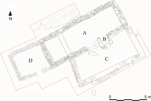 Figure 8. Religious complex of the rural mosque of La Graja: prayer hall (A), miḥrāb (B), courtyard (C) and auxiliary room (D). Source: authors.