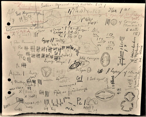 Figure 12. Example of the torn-off notepaper containing a mixture of pollen counts, drawings of pollen grains, geographical coordinates and references to samples of filter paper (cf. Figure 9) from the Atlantic journey (KVA).