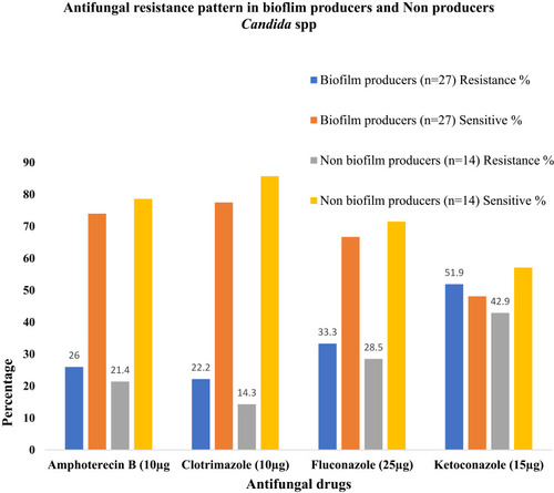 Figure 3 Antifungal resistance pattern in biofilm producers and non-producer Candida species.