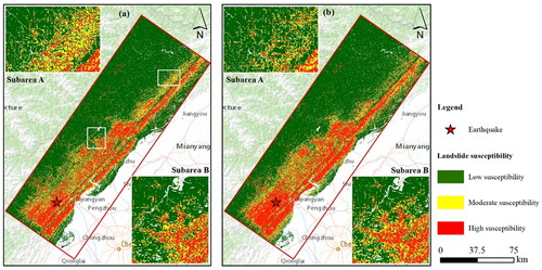 Figure 10. Seismic landslide susceptibility assessment of Wenchuan earthquake using the permanent-displacement analysis method without considering the spatial heterogeneity of rock mass strength (a) and with considering the spatial heterogeneity of rock mass strength (b).