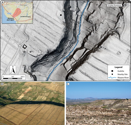 Figure 3. A) 50 cm spatial resolution ALS-derived DTM visualization (Sky-view factor over multiple hillshade) depicting terrain in the vicinity of Guletta and proximity of Guletta to other identified sites in the area. B) Aerial photograph of Guletta, from 2003. Image source: University of Vienna Aerial Archive. C) View of interior from Guletta. Locations of modern towns and prehistoric mountain top settlements, including Salemi and Monte Polizzo, can be seen clearly from Guletta’s location. Photographs: C. Sevara.