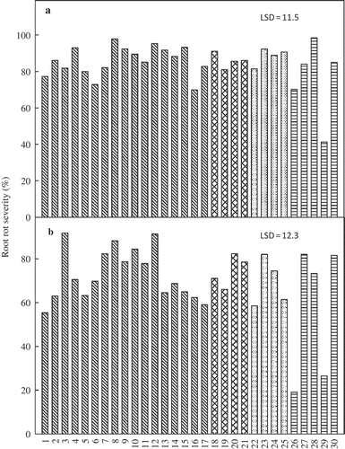 Fig. 3. Root rot severity on soybean plants ‘Spencer’ inoculated with 30 Fusarium virguliforme isolates and incubated for 30 days under greenhouse conditions in (a) trial 1 and (b) trial 2. Per cent root rot was evaluated at the end of the experiment and was calculated as the percentage of necrotic root area.