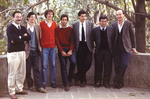 Figure 2. (Color Online) Claudio with collaborators and students in 1988. From the left to the right: Paolo Pasini, Garth Shilstone, Luca Longo, Alberto Arcioni, Fabio Biscarini (graduated that day), Claudio, Cesare Chiccoli.
