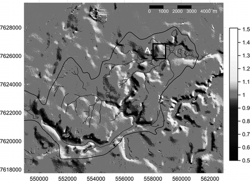 FIGURE 2.  Wind weighting factors for the digital elevation model for a wind direction of 45°. Box A indicates location of the anemometer experiment in 2002 (see Fig. 4)