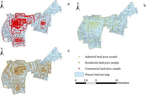 Figure 3. The sample points of industrial land, commercial land and residential land in Ji’ning central district (a show commercial sample points, b show industrial sample points and c shows residential sample points).