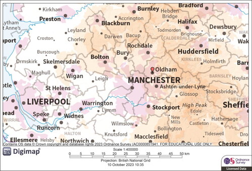 Figure 1 Greater Manchester in the United Kingdom with Get Up & Grow’s primary operating area highlighted. Source: Contains OS data Crown Copyright and database right 2023.