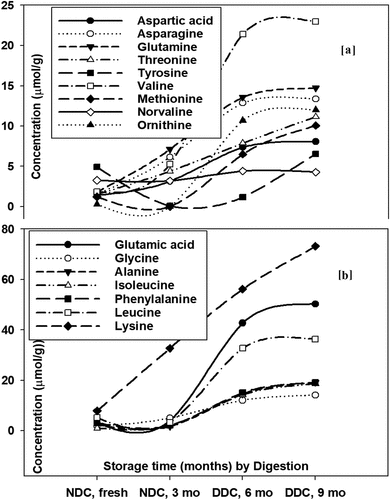 Figure 3. Shifts in dominant (a) and minor (b) free amino acids (FAAs) from fresh through three months of ripening all the way to 6–9 months of storage and digestion (DDC); (a) for buffalo and (b) for cow milk cheddar cheeses.