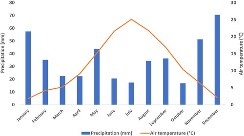 Figure 2. Monthly precipitation and temperature at: Mezőhegyes Meteorological Station in 2021. (Data derived from http://aszalymonitoring.vizugy.hu).