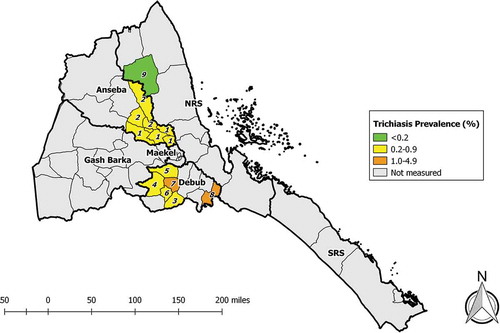 Figure 3. Prevalence of trichiasis in ≥15-year-olds, trachoma prevalence surveys, Eritrea, June and July, 2014. Sub-Zobas are labelled with numbers; the key is found in both Tables 3 and 4. (NRS, Northern Red Sea; SRS, Southern Red Sea).