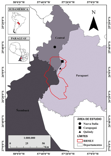 Figura 1. Sitios de muestreo localizados en el Complejo de humedales del Ypoá, Paraguay.Figure 1. Sampling sites located in the Ypoá Wetland Complex, Paraguay.