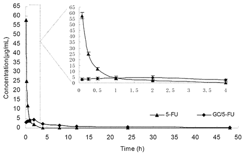 Figure 4. Concentration-time curves of 5-FU and GC/5-FU from 5 min to 48 h in mice after tail vein injection (n = 150). The Cmax of 5-FU group appeared within 5 min, and then the concentration stepped down quickly. The concentration was near 0 after 4–6 h. The concentration of GC/5-FU was slowly increased and reached to the Cmax of it about 2 h, then the concentration stepped down slowly and maintained within 30–60 h. GC/5-FU group’s Cmax of 5-FU in plasma were lower than the 5-FU group, but the half-life time was obviously longer than that of 5-FU group.
