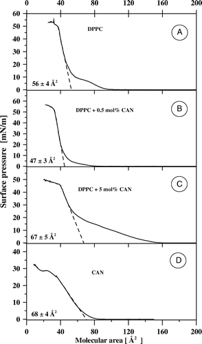 Figure 2.  Isotherms of compression of monomolecular layers formed with DPPC (A), canthaxanthin (D) and two-component DPPC-canthaxanthin monolayers containing 0.5 mol% (B) and 5 mol% (C) of the pigment. The dashed lines fitted to the linear portions of the isotherms, extrapolated to zero surface pressure, point the specific molecular area (values±SD presented in each panel).