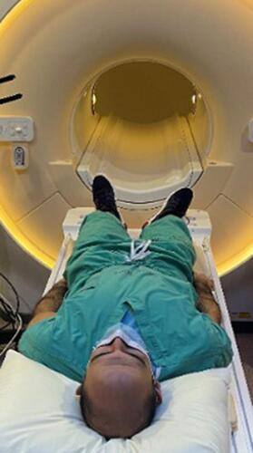 Figure 5 A depiction of how individuals were entered into the MRI scanner in the standard position, assuming a supine position with their shoulders and trunk square to the table.