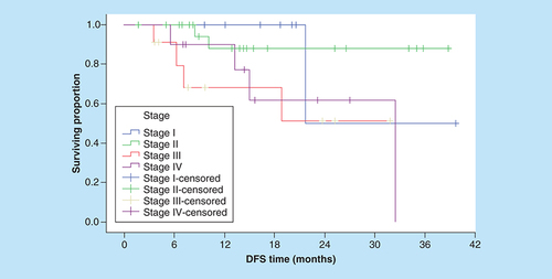 Figure 5. Disease-free survival according to clinical stage (p = 0.008).DFS: Disease-free survival.