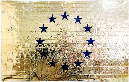 Figure 2. Nilolaj Bendix Skyum Larsen, ‘Inverted Flag’, 2016, 215 cm × 140 cm, oil paint on survival blanket, courtesy of the artist.