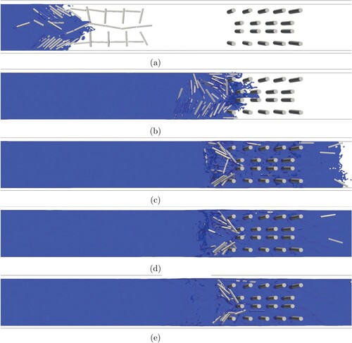 Figure 24. Simulation results of tsunami with driftwood against tide protection forest (case 4). The size of driftwood is 2 cm×2 cm×20 cm, and the number of poles is 18. (a) t=1.68 s, (b) t=2.88 s, (c) t=3.84 s, (d) t=4.80 s and (e) t=6.24 s.