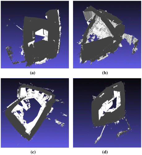 Figure 3. Room 1 raw 3D models resulted with different data-capturing strategies. (a) one wall at a time; (b) 3×3 photogrammetry approach (Waldhäusl and Ogleby Citation1994); (c) circular trajectory; (d) half of the room at a time.