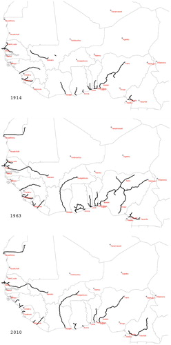 Figure 3. Rail lines in service in West Africa in 1914, 1963 and 2010.