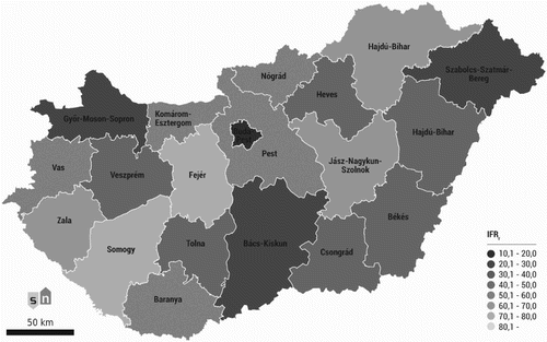 Figure 4. IFRr in the capital and counties of Hungary (Model 2). The index reflects the expected speed of local food production development. Darker colours show better performance (faster development). Source: Own compilation, based on the calculations. Prepared with Esri ArcGIS, Adobe Illustrator.