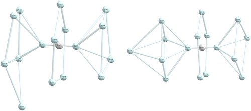 Figure 16. Two structural isomers of the HHe16+ complex, [41–5–4]-HHe16+ (left) and [14–5–4]-HHe16+ (right), with Mulliken charges, obtained at the aug-cc-pVTZ RHF level, given on the atoms (H is white, He is light blue).