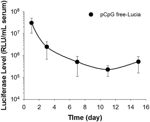 Figure 6. Duration of transgene expression after pCpG-free plasmid transfection by the renal suction method. The right kidney was suctioned at −30 kPa. Transgene expression levels in serum were determined by luciferase assays at 1, 3, 7, 11, and 15 days after transfection. Data points represent means ± SD (n = 5).