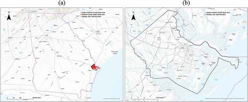 Figure 2. Study location of Chatham County, GA, USA: (a) Chatham County is highlighted on the coast of the state of Georgia. (b) Outline of study area of Chatham County, excluding undeveloped coastal marshes (speckled regions).