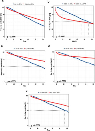 Figure 3. Kaplan–Meier curves of survival among lymphoma stratified by the occurrence of SPMs in SEER databases, 2010–2018. Kaplan–Meier for OS in groups with SPMs and groups without SPMs in (a) CLL, (b) DLBCL, (c) FL, (d) HL and (e) MZL patients. Abbreviations: SPMs: second primary malignancies; SEER: Surveillance, Epidemiology, and End Results; OS: overall survival; HL: Hodgkin’s lymphoma; CLL: chronic lymphocytic leukemia; FL: follicular lymphoma; DLBCL: diffuse large B-cell lymphoma; MZL: marginal zone lymphoma.