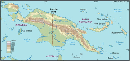 Figure 1. Location of Lachitu Cave (RIQ) on the northern Coast of Papua New Guinea. Image prepared by CartoGIS Services, Scholarly Information Services, the Australian National University.