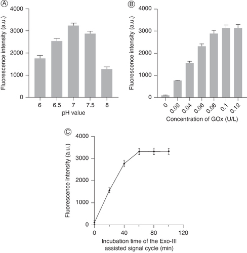 Figure 3. Optimization of experimental conditions. (A) Fluorescence intensity of the method with different pH values. (B) Fluorescence intensity of the method with different concentrations of GOx (U/L). (C) Fluorescence intensity of the method with different Exo-III incubation times (min).