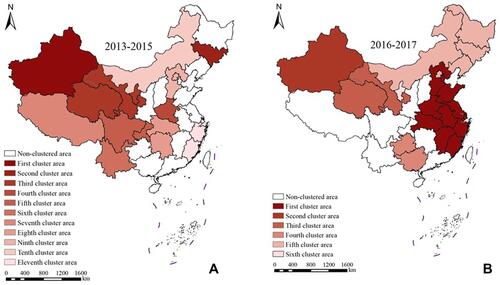 Figure 5 Scope of time and space scan clustering area for cataract surgery in China, 2013–2015 (A); Scope of time and space scan clustering area for cataract surgery in China, 2016–2017 (B).