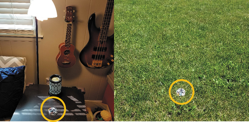Figure 3. Example indoor (left) and outdoor (right) testing locations with the prototype sensor marked with an orange circle for clarity of the sensor placement.
