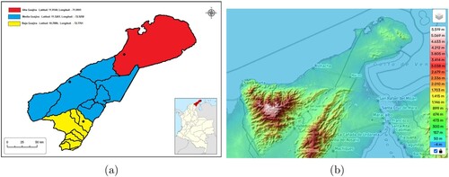 Figure 1. Map of La Guajira department depicting: (a) Geographical positions of the selected locations, and (b) Topography of the region.
