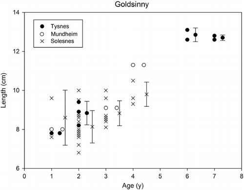 Figure 7. Age and length for goldsinny wrasse (Ctenolabris rupestris) at the three locations Mundheim, Solesnes and Tysnes in the Hardangerfjord region in 2011. Vertical bars indicate standard deviations with symbols for means.