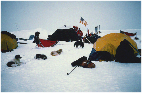 Figure 11. Campsite near the North Pole, 27 April, 1999, where the NASA team was hosted by the Paul Schurke dogsled team.
