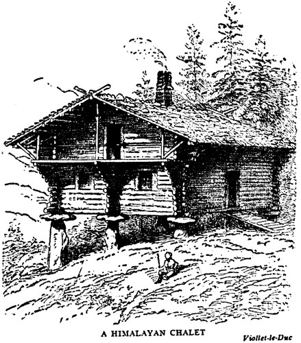 Figure 8 Eugène Viollet-le-Duc, “A Himalayan Chalet,” drawing; from W. S. B. Dana, The Swiss Chalet Book: A Minute Analysis and Reproduction of the Châlets of Switzerland, Obtained by a Special Visit to that Country, Its Architects, and Its Châlet Homes (New York: William T. Comstock Co., 1913), 17.