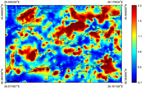 Figure 14. NFG depth slice map of the data shown in Figure 10. The overlapped active faults in Biga Peninsula are modified after Duru et al. (Citation2012). The overlapped faults in Gelibolu Peninsula are modified after Yaltırak et al. (Citation2000). Black lines show coastline. Abbreviations used for the faults are given in Figure 5.