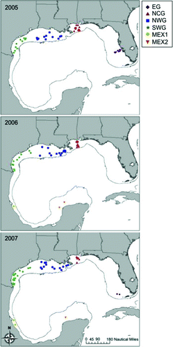 FIGURE 2 Specific locations where age-0 red snapper were sampled during fall 2005–2007. The 200-m depth contour indicates the continental shelf edge. Nursery region codes are defined in Figure 1.