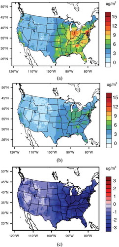 Figure 1. Annual mean PM2.5 concentration averaged (a) from 2002 to 2004 (top column, 2000s) and (b) from 2057 to 2059 (middle column, 2050s). (c) Difference of annual mean PM2.5 concentration between the future year and the present year (bottom column, 2050s–2000s).