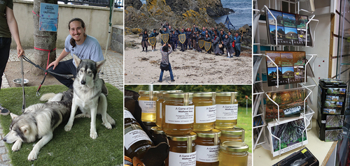Figure 1. GoT experiences and souvenirs across Northern Ireland. Meeting the Direwolves (left); GoT tour at Ballintoy Harbour (top middle), ‘A Game of Drones’ honey (bottom middle) and GoT souvenirs (right).