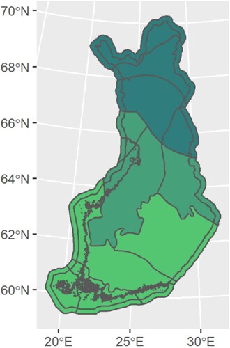 Figure 1. Map of Finland divided into vegetation zones: lightest shade – boreonemoral and southern boreal; middle shade – middle boreal; and darkest shade – northern boreal from south to north [Bio-geographical regions / Source: Finnish Environment Institute].