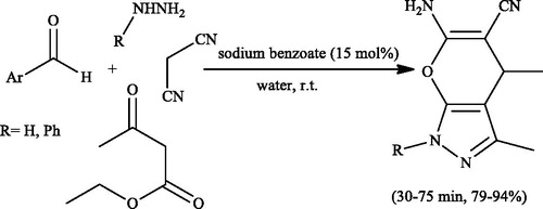 Scheme 34. Synthesis of pyrano[2,3-c]pyrazoles in the presence of sodium benzoate.