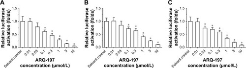 Figure 6 ARQ-197 decreases the transcription factor activation of ETS-1 and PXR in MHCC97-H cells.Notes: MHCC97-H cells which were transfected with luciferase reporters of (A) ETS-1 (EBS-Luc) or luciferase reporters of PXR (DR3-Luc [B] or ER6-Luc [C]) were treated with indicated concentration of ARQ-197. *P<0.05.Abbreviations: DR3, direct repeat 3; ER6, everted repeat 6.