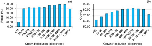 Figure 8. The recall and Intersection over Union (IoU) results of ITDD by Mask R-CNN model with different crown resolutions.