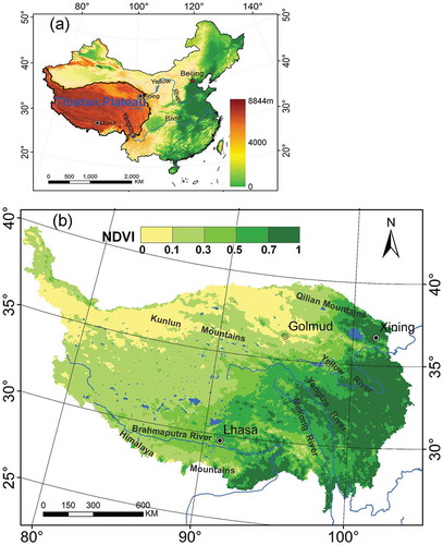 Figure 1. Location of the Tibetan Plateau (a) and distribution of the average annual maximum NDVI for 31 years during 1982 to 2012 (b). Topography of the Chinese mainland is derived from a digital elevation model (http://srtm.csi.cgiar.org).