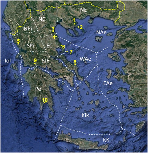 Figure 1. Collection sites of Greek oregano plants in relation to the distinct floristic regions of Greece, as they are designated in Flora Hellenica (adapted from Strid & Tan Citation2002).