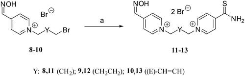 Scheme 1. Synthesis of bisquaternary salts K487 (11), K488 (12) and K489 (13). Reagents and conditions: (a) 4-pyridinethioamide, DMF, 60 °C, 48 h, yields: 36% (for 11), 52% (for 12), 61% (for 13).