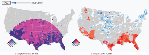 Figure 9. The animated bivariate maps at peak 1 using a) the prospective space-time scan statistics and b) LISA.